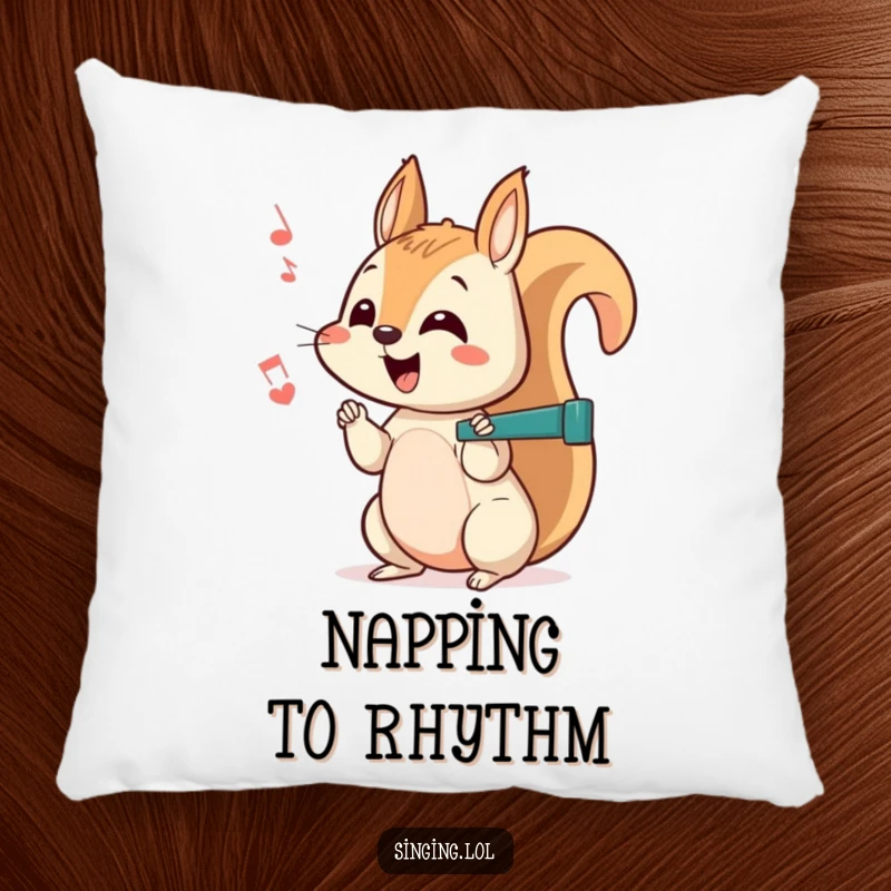 Funny squirrel pillow featuring a curious character chattering a happy off-key rhythm, ideal for adding comfort and quirky fun.