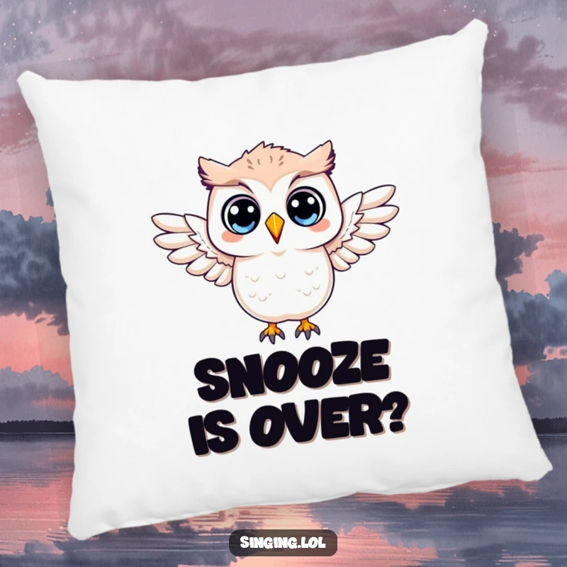 Funny pillow featuring a surprised owl character with its wings outstretched, perfect for adding a humorous touch to decor.