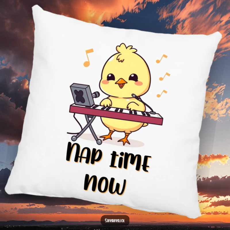 Funny pillow featuring a bouncy chick character pecking at a keyboard, offering soft comfort and tech fun.