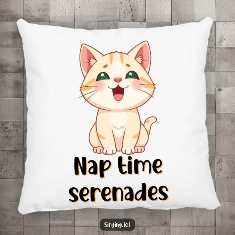Funny Cat Meowing Pillow, a curious cat character emitting a high, playful meow, adding soft comfort and humor.