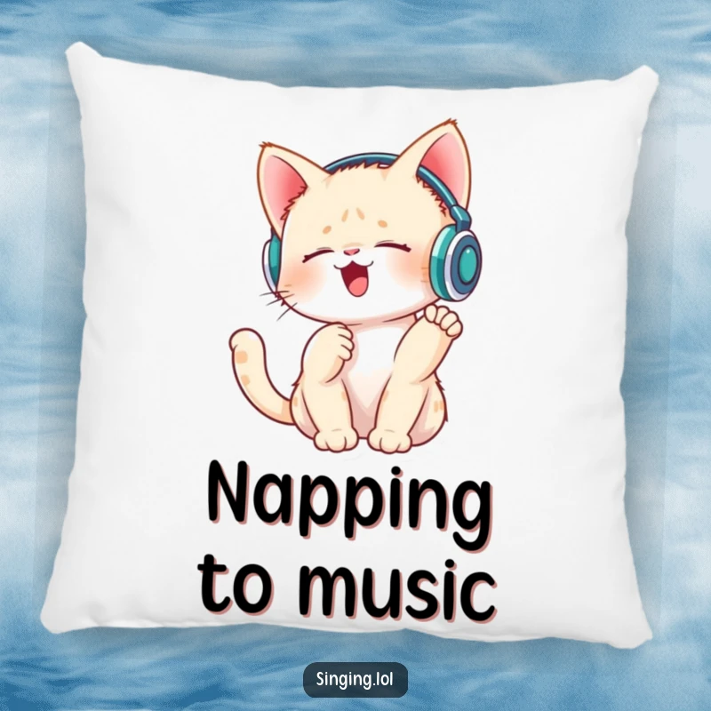Funny decorative pillow with a singing kitten wearing tiny headphones and tapping its paw, perfect for comfort.