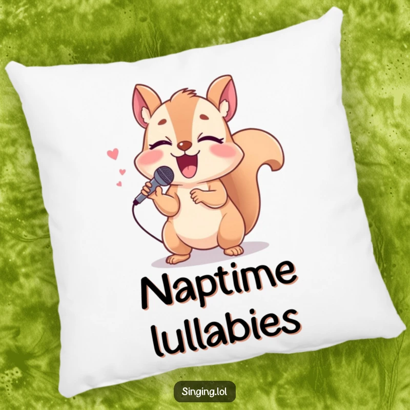 Funny squirrel pillow featuring a giggling character holding a tiny microphone, singing loudly, bringing comfort and cheer.