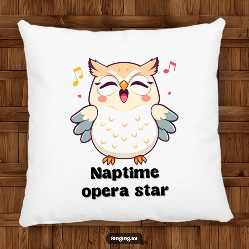 Funny triumphant owl character hooting a cheerful melody, embroidered on a soft and cuddly pillow, adding humor to any room.