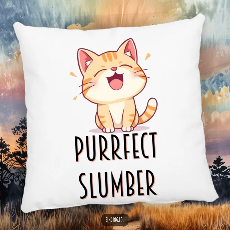 Funny pillow design of a happy cat character performing a vocal trill, offering comfort and a dose of feline charm.
