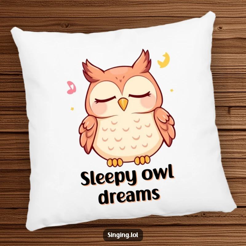 Funny owl pillow featuring a happy character peacefully hooting a lullaby with closed eyes, perfect for cozying up and finding tranquility.