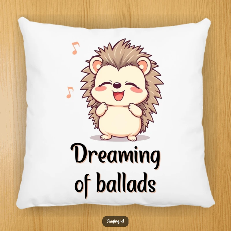 Funny smiling hedgehog character with closed eyes, singing heartily, depicted on a soft pillow for musical and humorous relaxation.
