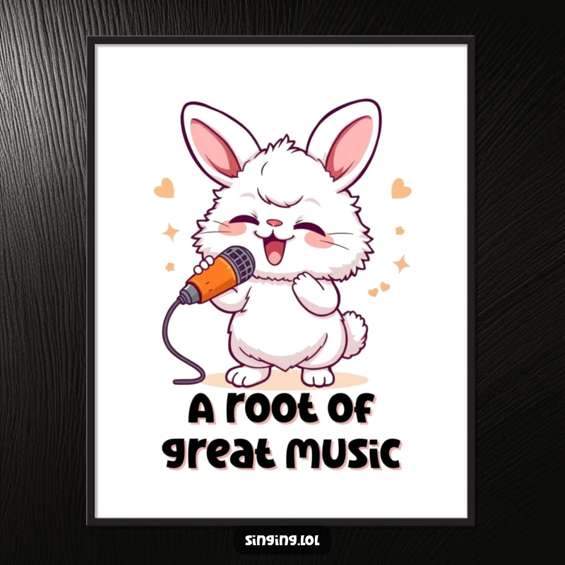 Funny Bunny Singer Digital Art Print: A fluffy bunny sings into a carrot microphone, vibrant and cheerful musical artwork.