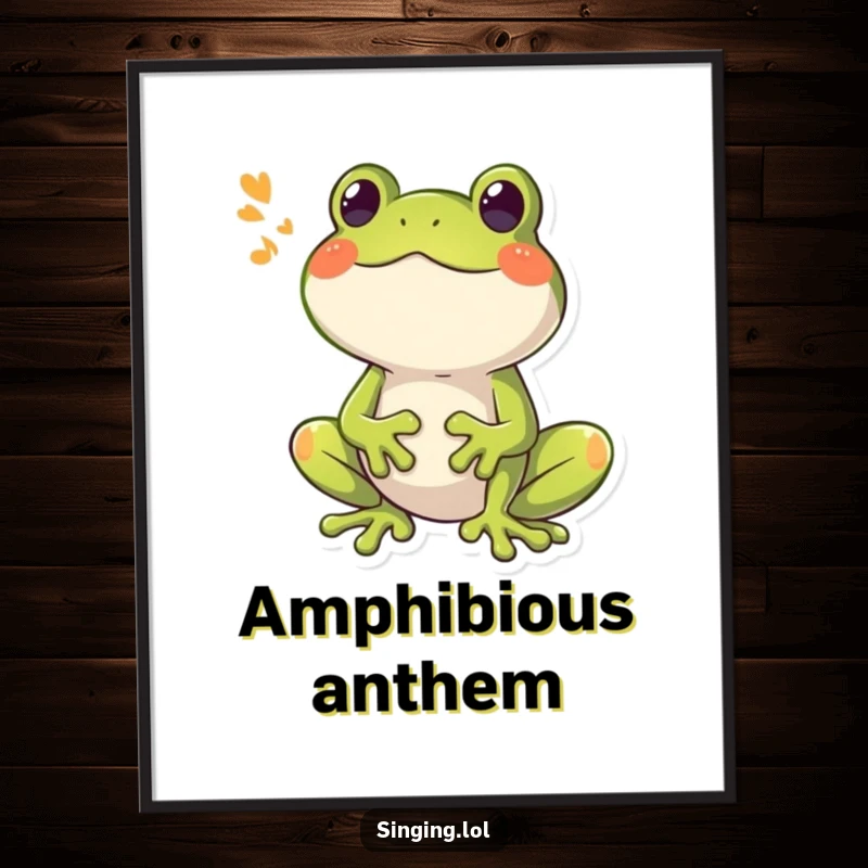 Funny Frog Croaking Digital Art Print, a humorous illustration of a happy frog emitting a loud, booming song.