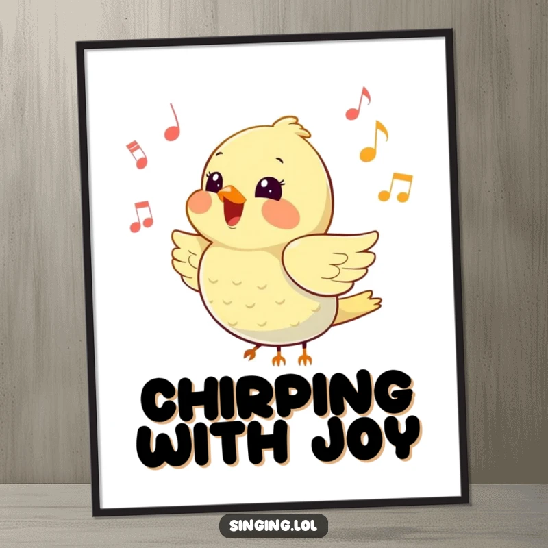 Funny digital art print of a happy little bird loudly chirping amidst flying music notes, capturing a cheerful melody.