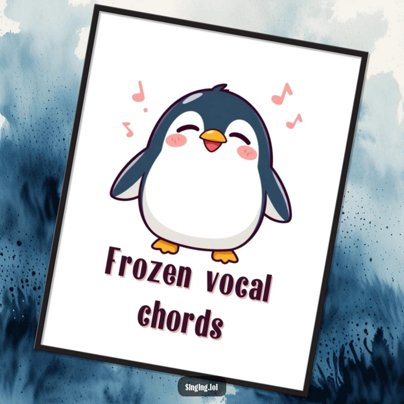 Funny Penguin Singing Digital Art Print, a charming illustration of a happy waddling penguin singing with eyes closed.