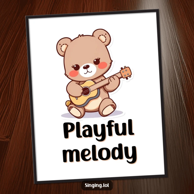 Funny digital art print of a playful bear cub character strumming a miniature guitar, ready to bring rockstar vibes.