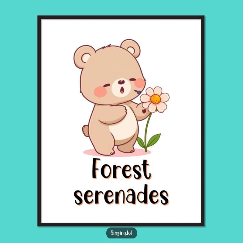 Funny Bear Singing Flower Digital Art - Instant Nature & Music Decor