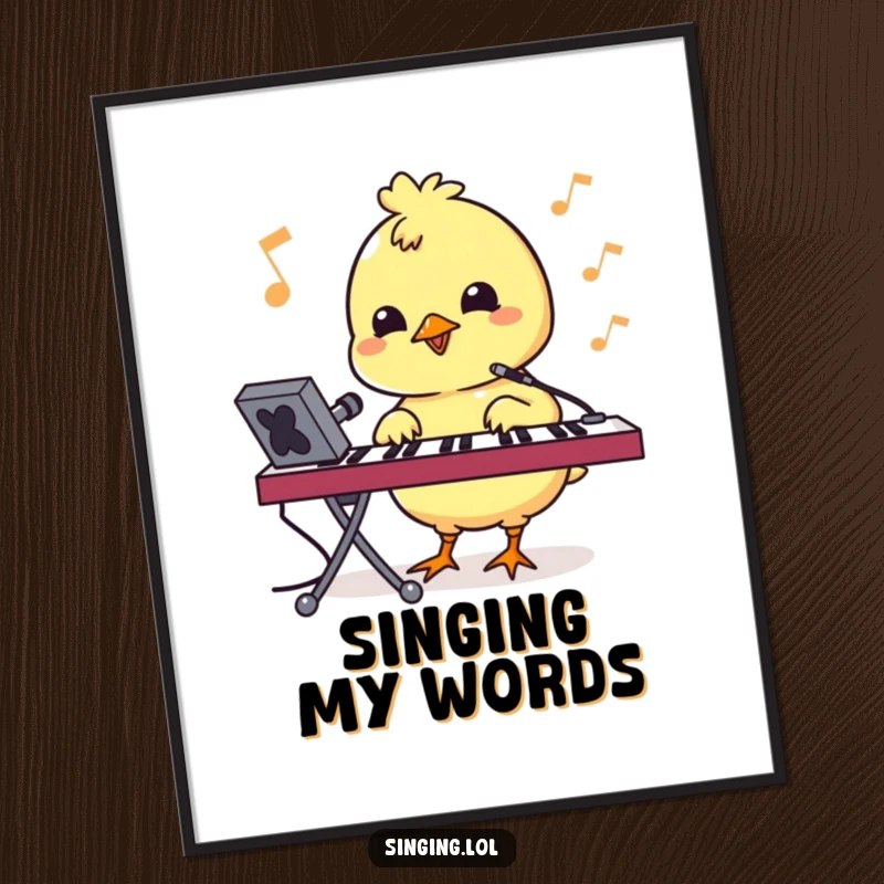 Funny digital art print of a bouncy chick pecking at a keyboard, for instant tech-themed decor.