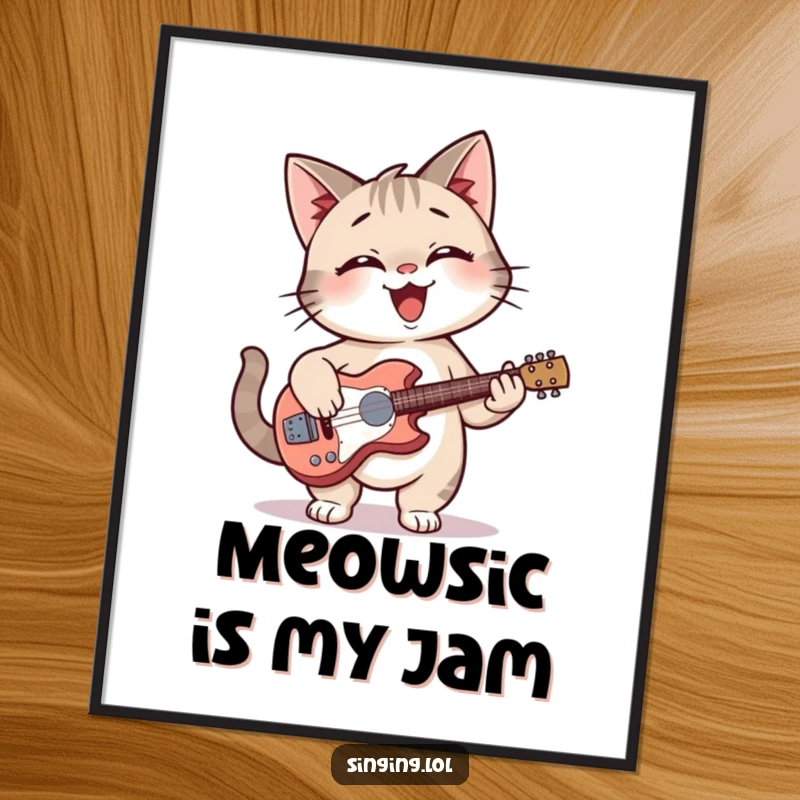 Funny cat giggling while strumming a tiny guitar, presented as a digital art print.