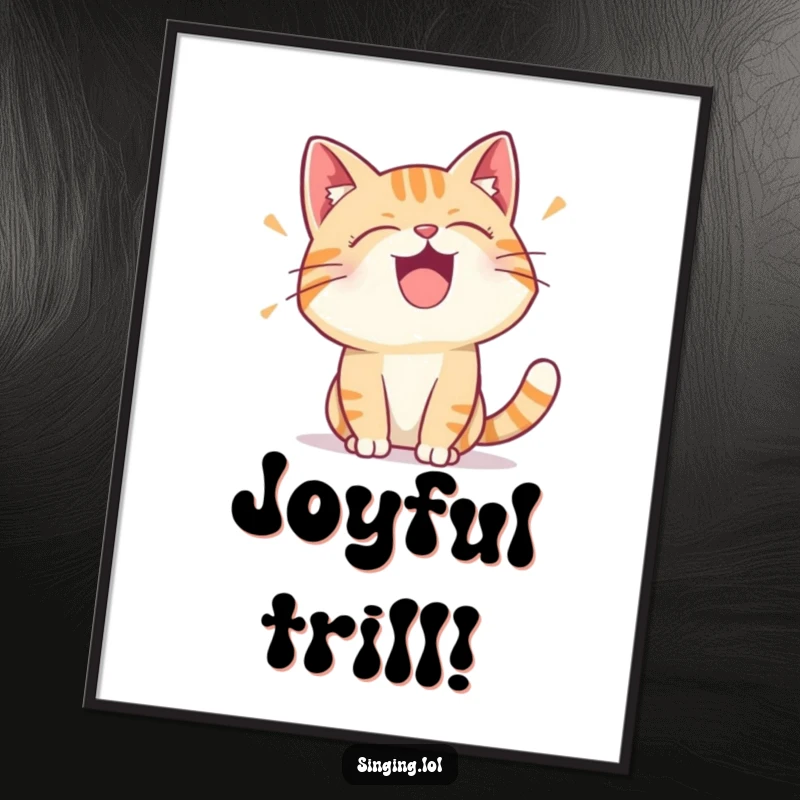 Funny digital art of a happy cat character making a vocal trill, a charming and joyful print for any space.