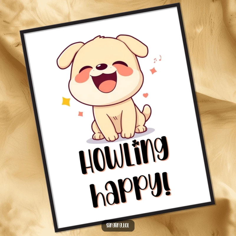 Funny digital art of a giggling dog character howling a silly song, a humorous and joyful print for any space.