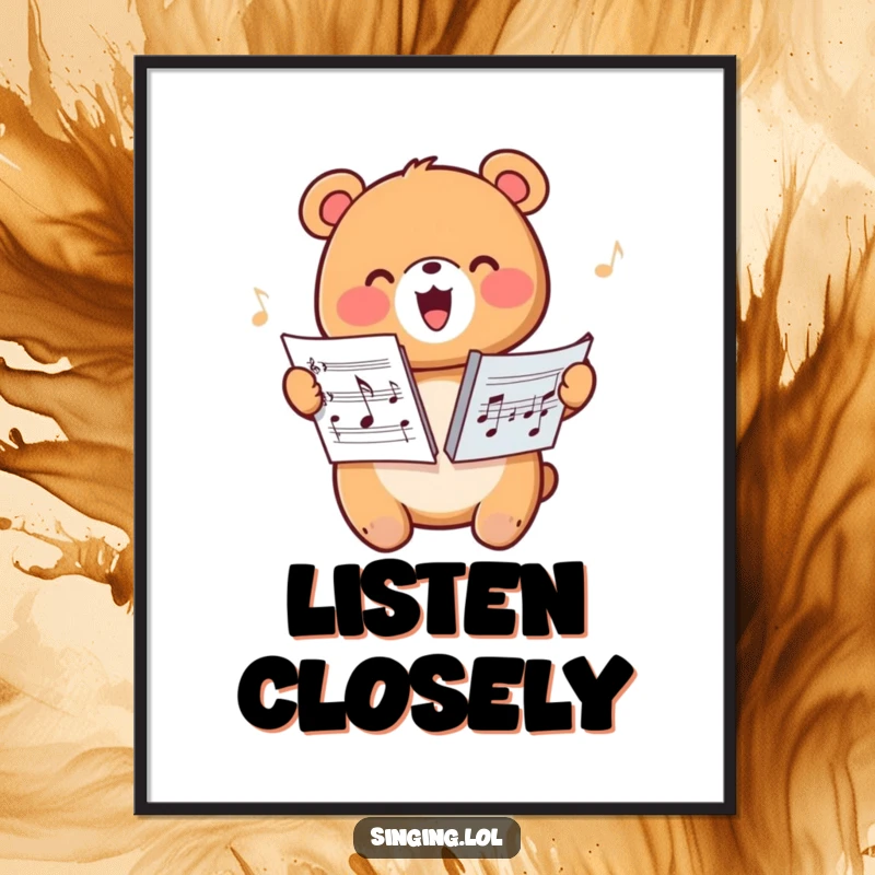Funny digital art print of a happy bear harmonizing with sheet music, for instant musical decor.