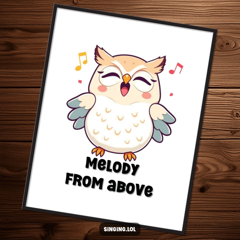Funny triumphant owl character hooting a cheerful melody, presented as a high-resolution digital art print for easy framing.