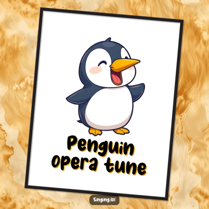 Funny digital art print of a playful penguin character passionately squawking a ballad, capturing theatrical humor.
