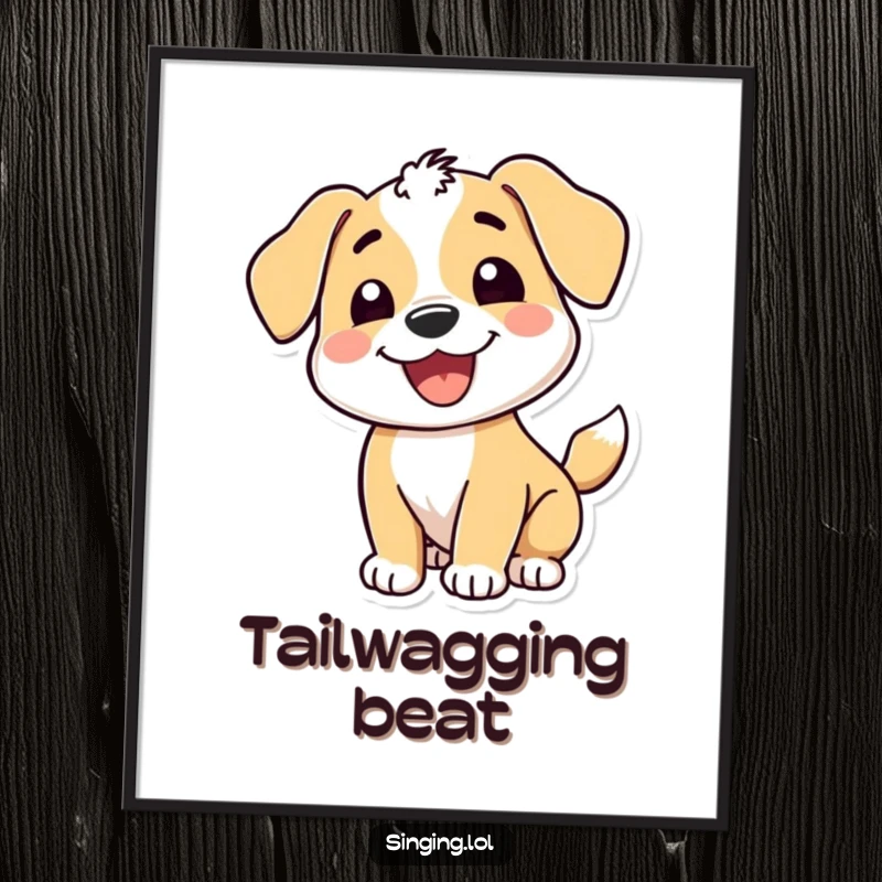 Funny digital art print of a happy puppy character with a wide grin and wagging tail, ready to bring pure canine happiness.