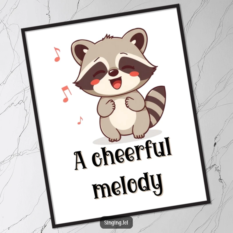 Funny Raccoon Humming Digital Art Print: A smiling raccoon humming a happy tune. Perfect for digital displays or printing for a cheerful vibe.