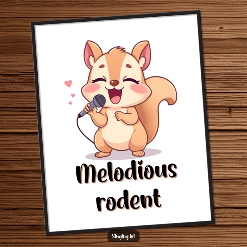 Funny squirrel digital art of a giggling character holding a tiny microphone, singing loudly, a vibrant and cheerful illustration.