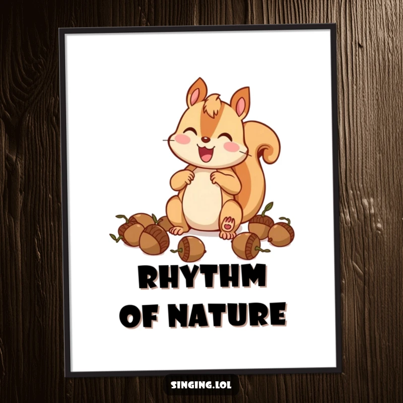 Funny squirrel drummer digital art print, a high-quality image of a happy squirrel creating music with acorns.