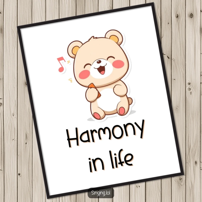 Funny digital art print of a cheerful cartoon bear character singing with a musical note, adding musical charm.