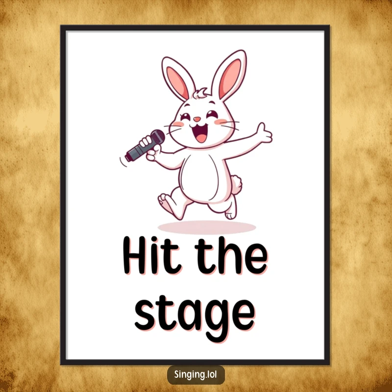 Funny digital art print of a cheerful bunny hopping with a microphone, perfect for adding instant musical and playful decor.