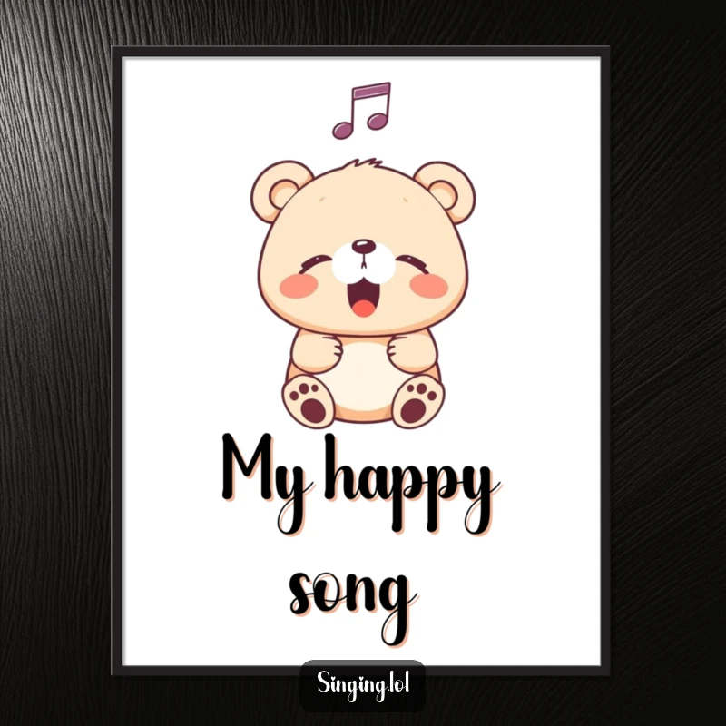 Funny Digital Art Print of a happy bear cub singing blissfully with eyes closed, a musical note above, bringing sweet melodies.