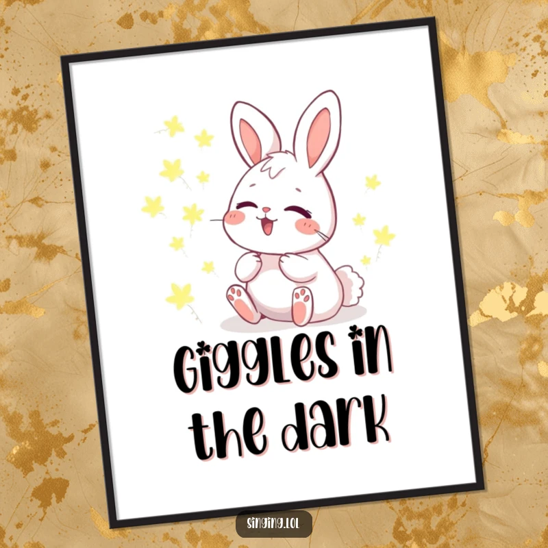 Funny Digital Art Print of a giggling bunny character harmonizing with glowing fireflies, bringing instant enchantment and whimsy.