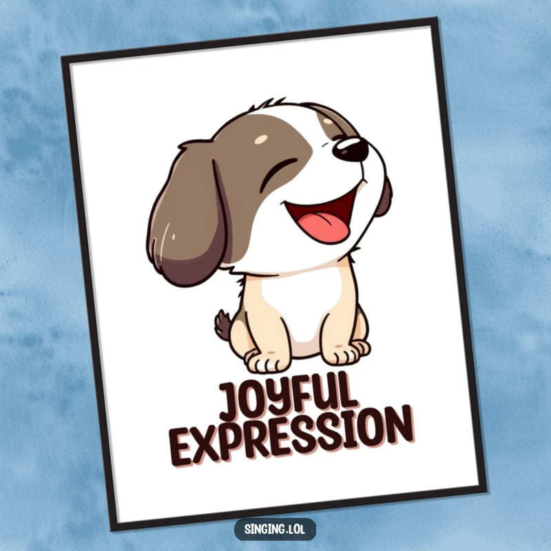 Funny digital art print of a joyful dog character howling with its head tilted back, perfect for wall decor.