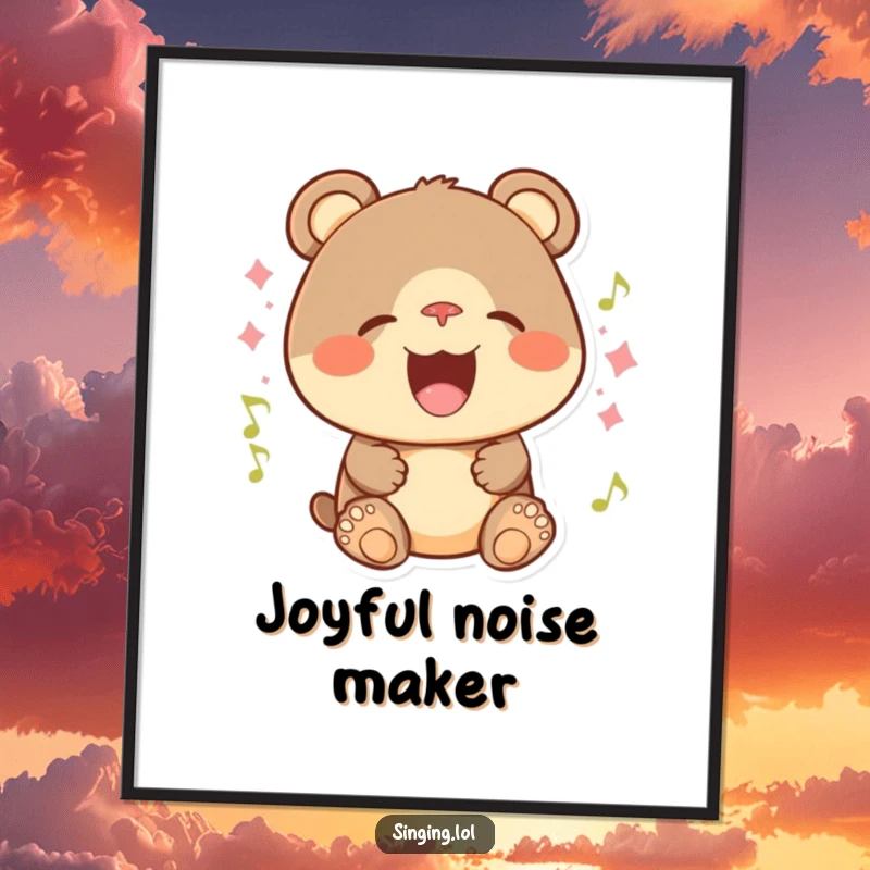 Funny digital art print of a playful bear cub with a wide smile, singing with gusto and pure happiness.