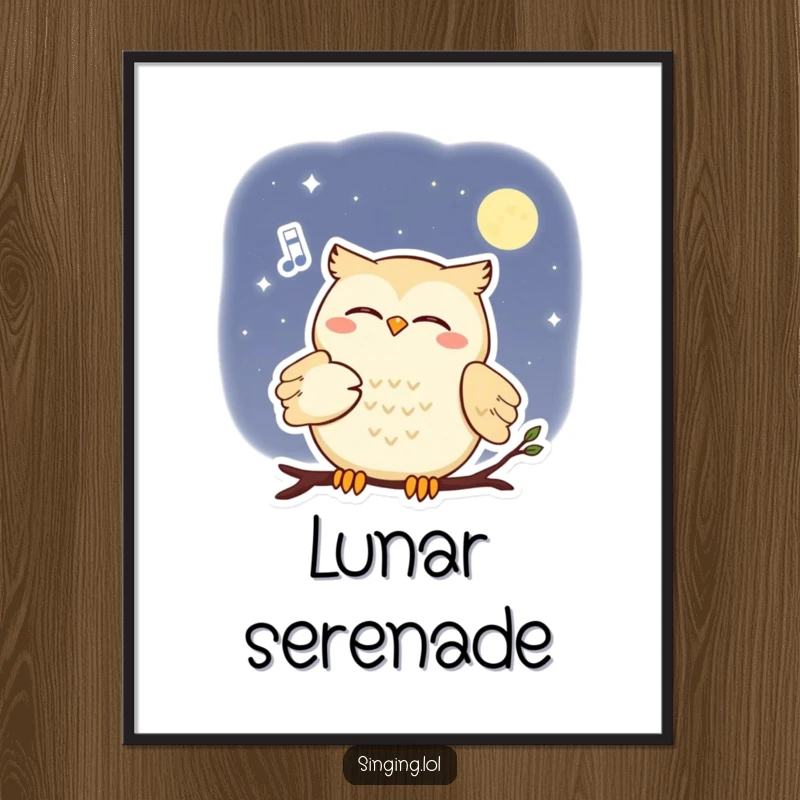Funny digital art print of a smiling owl serenading the moon with a soft melody, ideal for whimsical decor.