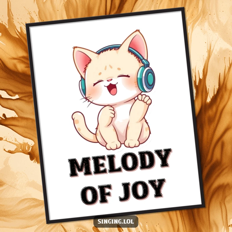 Funny digital art print of a singing kitten wearing tiny headphones and tapping its paw, perfect for wall decor.
