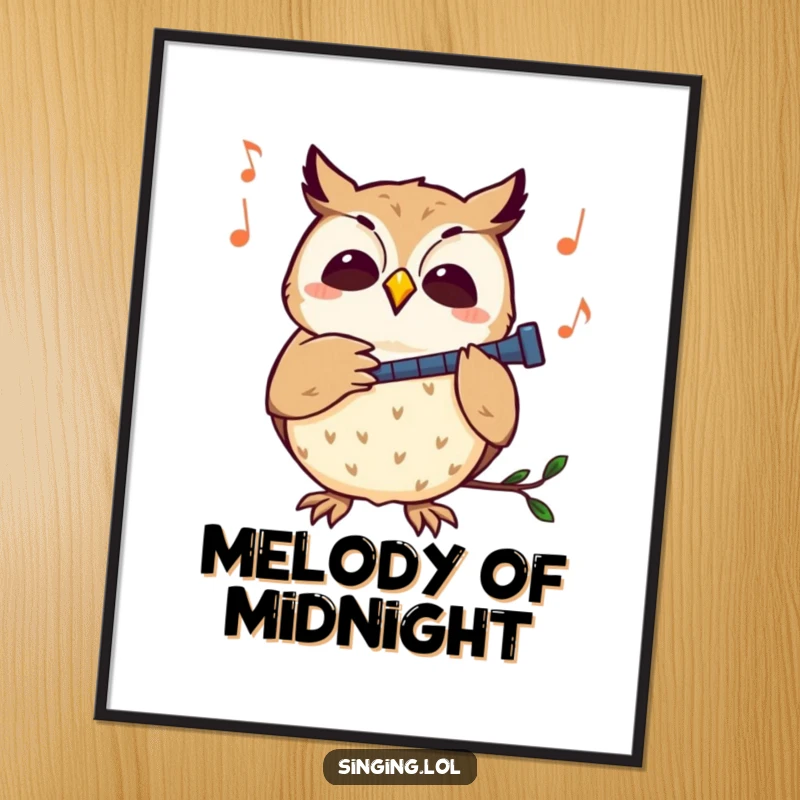 Funny owl digital art print of a curious owl character hooting contentedly to a melody, evoking peace and music.