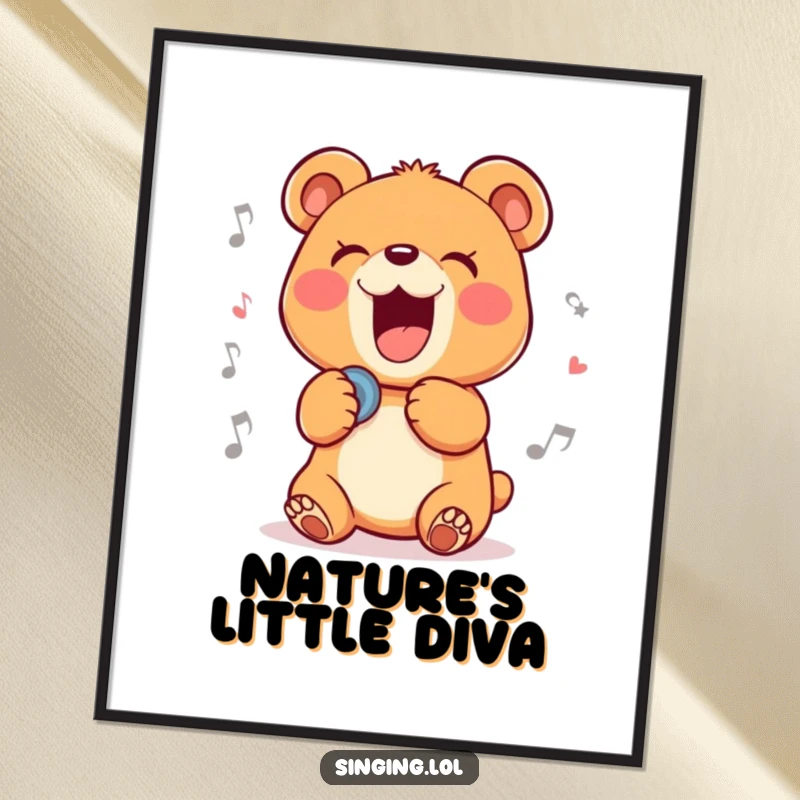 Funny digital art print of a delighted bear cub character belting out a ballad, ideal for instant, joyful wall decor.