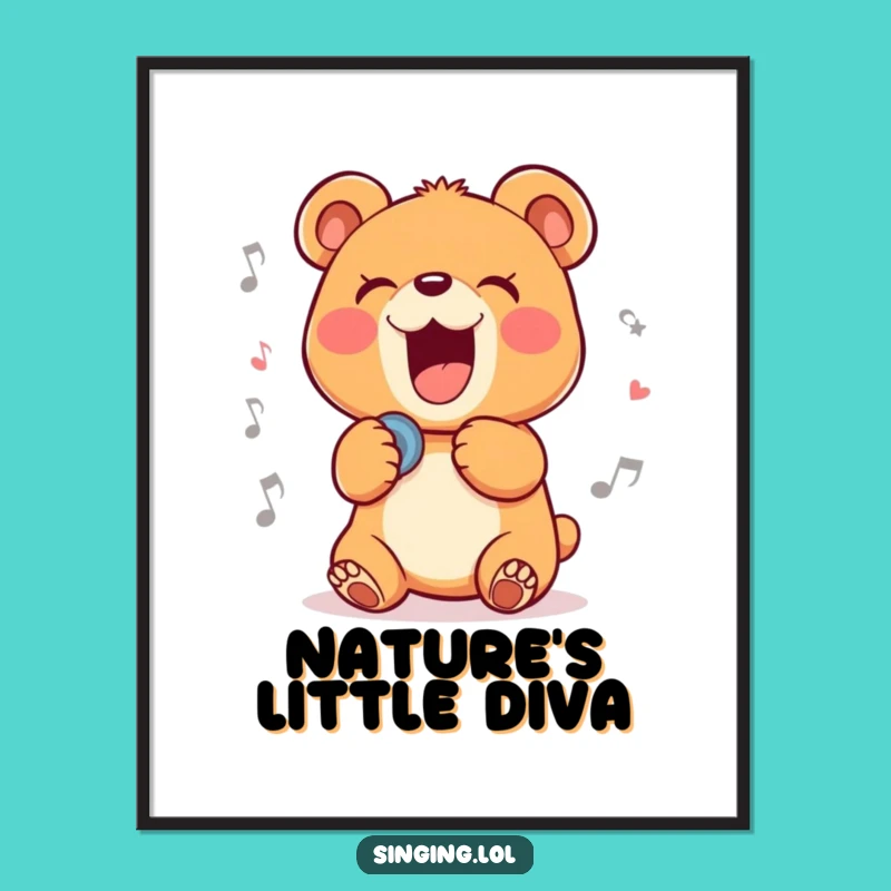 Funny Singing Bear Cub Digital Art Print: Hilarious and Joyful Artwork for Instant Decor