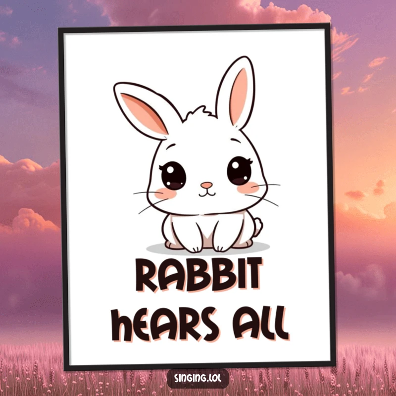 Funny digital art print of a curious rabbit character with twitching ears, capturing a moment of keen listening.