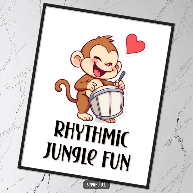 Funny monkey digital art print of a mischievous monkey character enthusiastically drumming, radiating wild rhythm and fun.