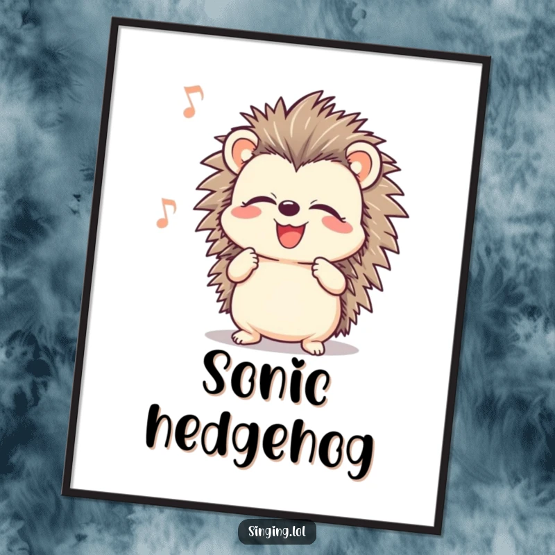 Funny smiling hedgehog with closed eyes, singing passionately, available as a printable digital art download for instant musical decor.