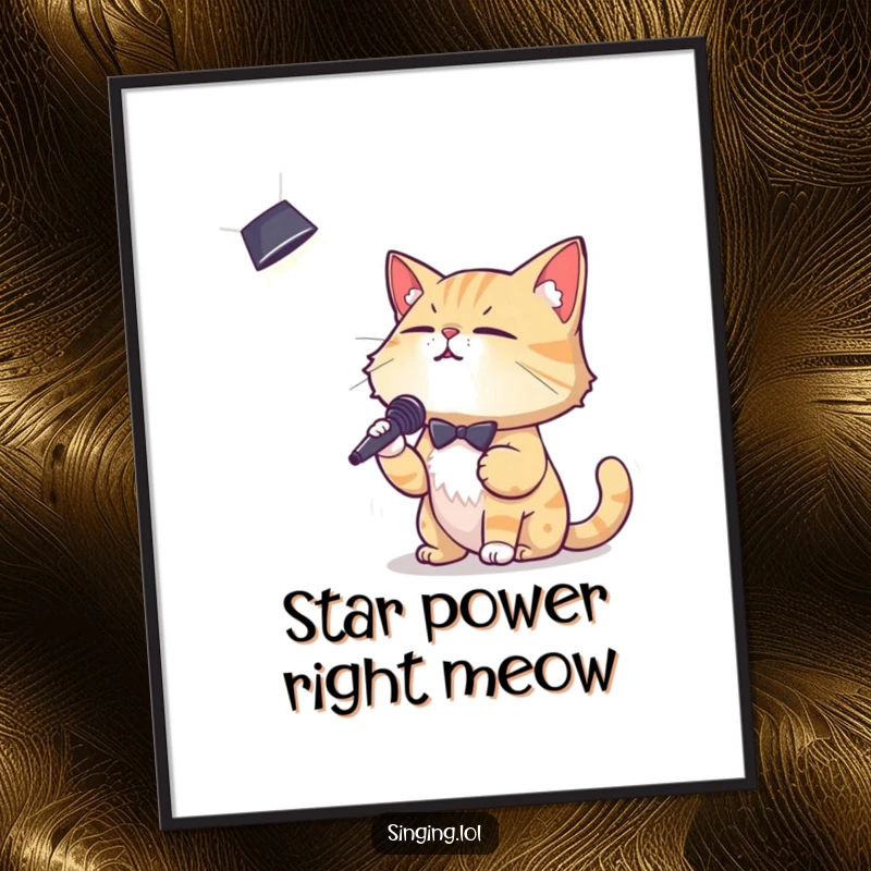 Funny digital art print of a debonair cat character crooning into a spotlight, ideal for instant, theatrical wall decor.