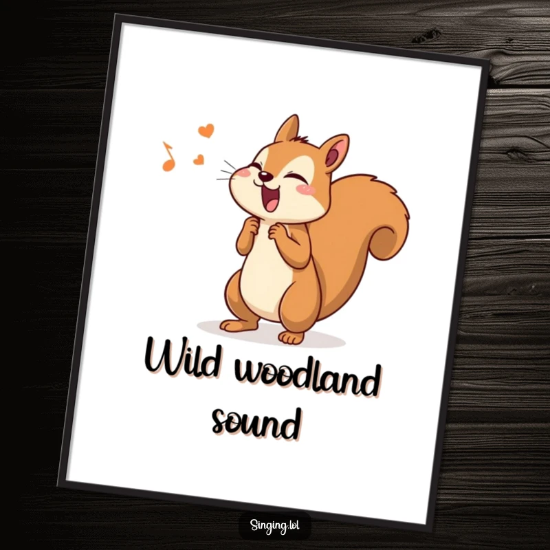 Funny digital art print of a determined squirrel singing with gusto and its tail wagging, perfect for decor.