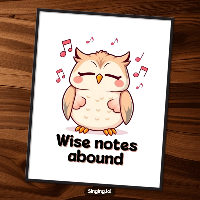 Funny digital art print of a cheerful owl character singing with closed eyes amid floating musical notes, a joyful piece for any wall.