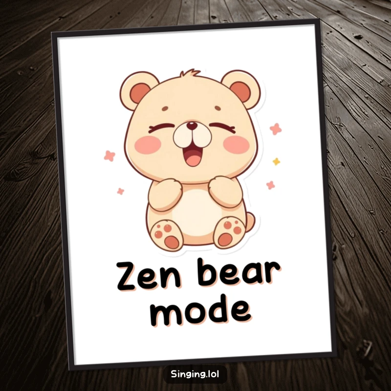 Funny digital art print of a happy bear humming contentedly with closed eyes, ideal for tranquil decor.