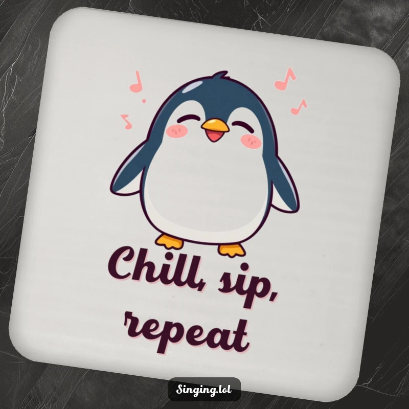 Funny Penguin Singing Coaster, a cute waddling penguin singing with closed eyes, protecting surfaces with playful charm.