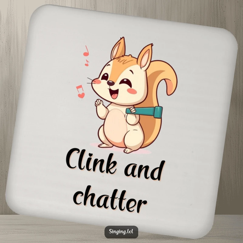 Funny squirrel drink coaster featuring a curious character chattering a happy off-key rhythm, protecting tables with nutty charm.