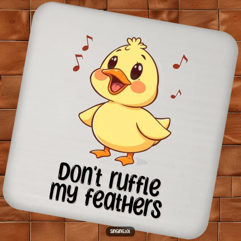 Funny drink coaster featuring a surprised duck character quacking a humorous melody, protecting surfaces with whimsical humor.