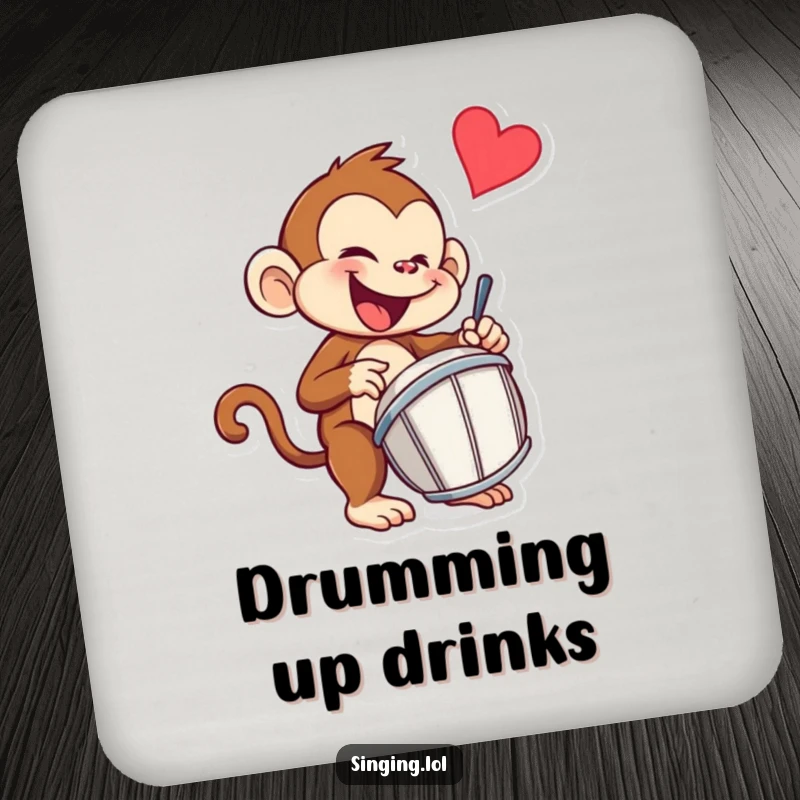 Funny monkey coaster with a mischievous monkey drummer character enthusiastically drumming, adding fun to surfaces.