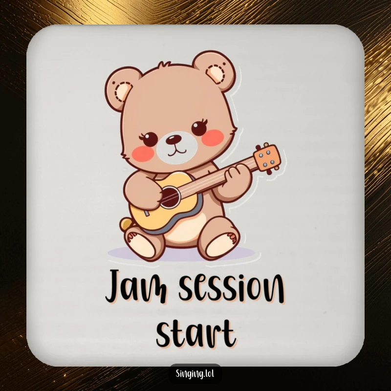 Funny drink coaster featuring a playful bear cub character strumming a miniature guitar, adding a rock-themed and humorous touch.